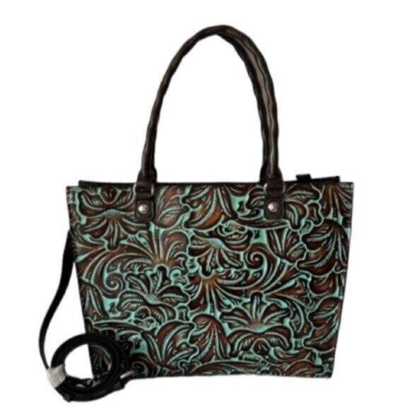 Patricia Nash Zancona Leather Front Tooled Turquoise Shoulder Handbag Xbody - Picture 1 of 12